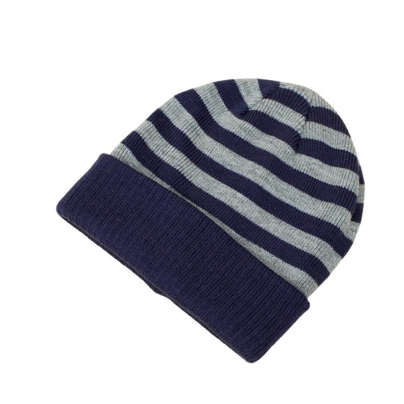 Kids Navy and Heather Grey Stripe Knit Beanie - Picture 5 of 6